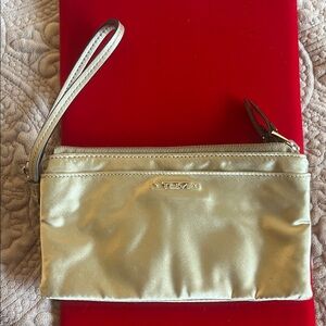 TUMI  Metallic Gold Wristlet/ clutch compact feature packed EUC